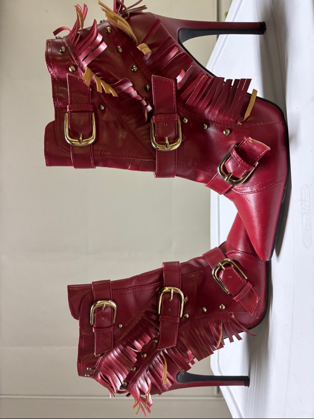 Red Fringe Buckle Stiletto Ankle Boots - Unbranded